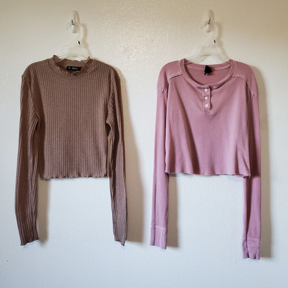 Long Sleeve Crop Top Womens XS/S Wild Fable Shein Pair 2 Pink Brown Waffle Knit